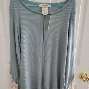 Long sleeve waffle knit shirt with lace sleeves